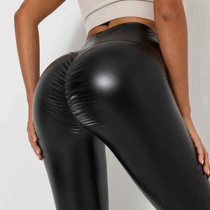 Calças femininas Capris Pu Leather Long Longs Womens Sexy Pleated Baxes Artificial Pants Cantura alta Casual Casual 6 cores Q240508
