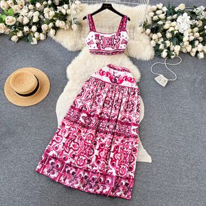 European and American style blue and white porcelain printed two piece dress summer pure desire waist revealing suspender vest+high waisted mid length skirt