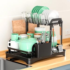 Kitchen Storage Double-layer Dish Bowl Drying Rack Plates Holder With Drainboard Sink Countertop Tableware Organizer Drain