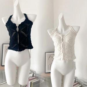 Serbatoi da donna Summer Women Crochet Top Vest Sexy Coquette Tank 2000 Y2K Streetwear Gyaru Cine Core Kawaii Crop Vintage Crop