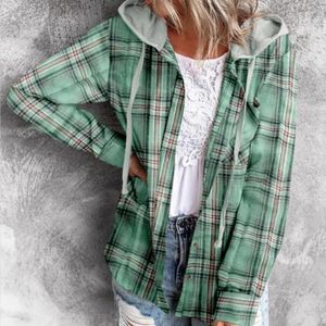 Women's Blouses Long Sleeve Single-breasted Patch Pocket Drawstring Autumn Shirt Classic Plaid Print Casual Hooded Sweatshirt Female Cloth