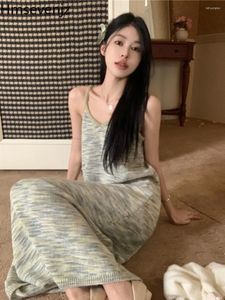 캐주얼 드레스 여성을위한 복고풍 니트 컬러 대비 슬립 드레스 스프링 한국 패션 느슨한 A- 라인 긴 여름 의류