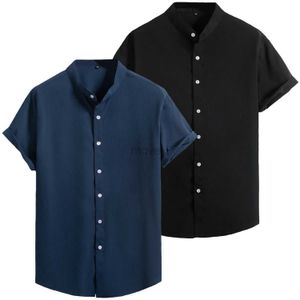 Camisas de vestido masculinas Novo moda 2024 Summer Mens Plain Stand Stand Collar Sleeve Short Color Solid Button-Down Camisetas pretas para homens D240427