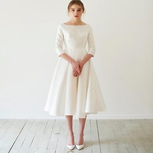 Simple Tea Length Satin Short Wedding Dress Modest With 3 4 Sleeves Boat Neck A-line 50S 60s Informal Bridal Gowns Short 247U