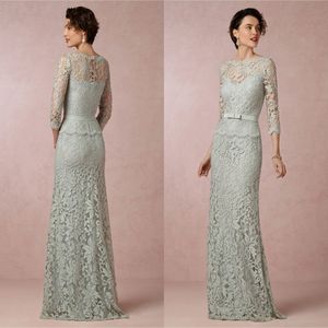 2016 Fashion Sage Mother of The Bride Dresses Sexy Sheer Jewel-Neck Elegant 3 4 Long Sleeve Sheath Mother Off Groom Dress Floor Length 174i