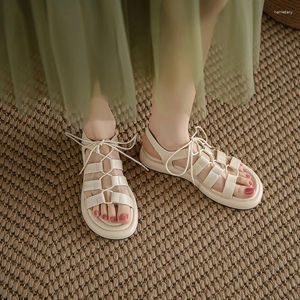 Casual Shoes Women Gladiator Sandals Genuine Leather Wedges Heels Summer For Low Lace Vintage Sandalias Size 34-39 2024