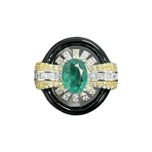 Pierścienie klastra 925 Srebrny złoty pierścionek wysoko węglowy Diamond Wood Sasa Green/Artdeco Series Emali Color Imitacja Szmaragd