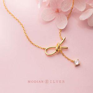 Modian Original Bowknot Swing Sparkling Pendant Classic Brand Sterling Sier Gold Color Necklace For Women S smycken