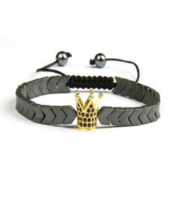 CZ Crown Men -armband Hela Micro Pave Black CZ Gold Crown Macrame Armband med Hematite Stone Beads Gift for Men8363472