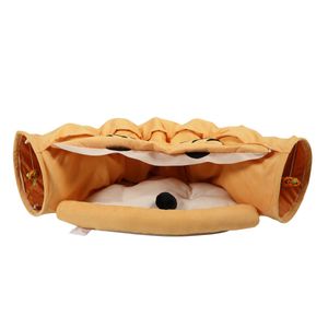 Collapsible Cat Tunnel Bed, Hide Tunnel for Indoor Cats with Hanging Toys and Cushion Mat, Yellow