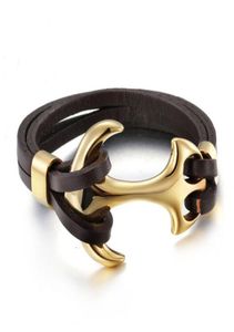 Brauner echter Lederanker -Anker -Edelstahl -Armbänder Armbänder Männlicher Punkschmuck 215m Länge Herren Armband9131473