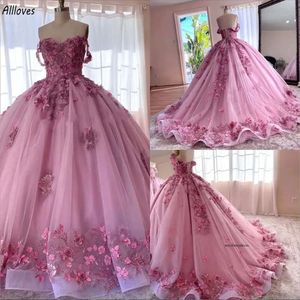 Pink Pretty Flowers Lace Beaded Quinceanera Dresses Off The Shoulder Princess Ball Gown Prom Evening Puffy Long Train Sweet 15 16 Dress For Girls Formal Wear 0509