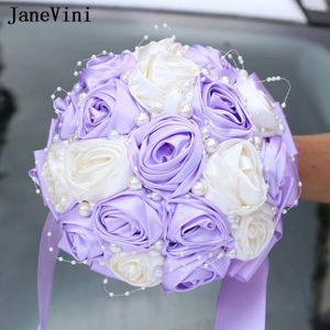 結婚式の花Janevini Elegant Light Purple Bride Bouquet Pearls Satin Roses Bridesmaid Bridal Hand Burgundy Ramo de Boda 2024