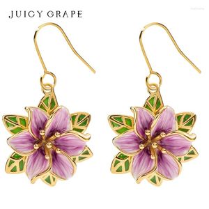 Brincos dangle Juciy Uva 3D Estereoscópico Eustoma Conjunto de flores Clipe de orelha e colar de jóias 925 A agulha de prata esmalte artesanal