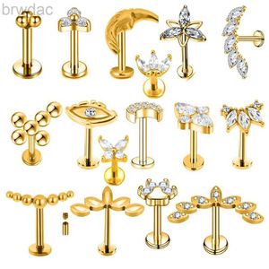 Navelringar Flower Moon Butterfly Labret Stud Cross Claw Leaf Daith Conch Stud Earring Crown CZ Lip Internal Thread Piercing Surgical Steel D240509