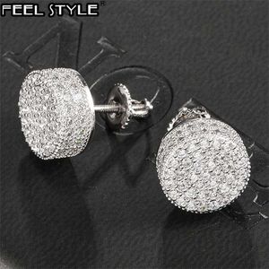 Hip Hop 1Pair Micro Voll gepflasterte runde Zirkon CZ Stein Bling vereisen Out Ohrring Kupferohrringe für Männer Schmuck 220125 2543