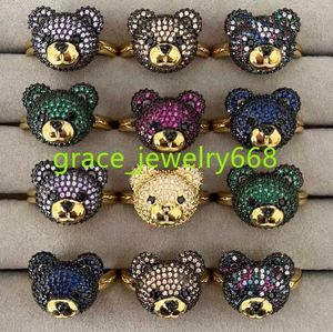 Zircon Lovely Cute Brass Gold Silvery Bear Emerald Rings for Women Girl Popular Trendy Jewelry Adjustable Cute multicolour