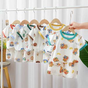 T-shirts 2024 New Summer Childrens Clothing Boys and Girls Short sleeved Set Baby T-shirt+Pants Pure Cotton Clothing SetL2405