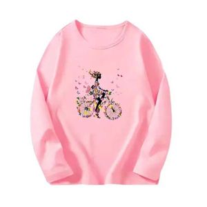 Tシャツ3-14YガールズピンクスイートTシャツ女の子秋の長袖TシャツチルドレンTシャツトップかわいい自転車グラフィックT-SHIRTL240509