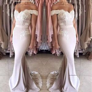 2021 Dusty Pink Off Shoulder Mermaid Bridesmaid Dresses Cheap Lace Appliqued Formal Prom Evening Party GownLong Wedding Guest Dress 0509