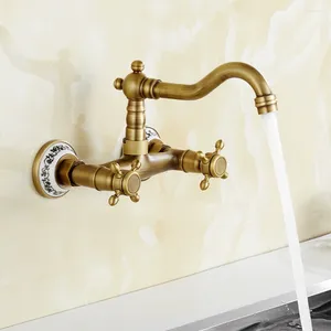 Bathroom Sink Faucets Double Hole Dual Lever Swivel Mixer Faucet / Cold Water Valve Retro Basin Brass Taps For Kitchen