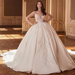 2024 Gorgeous Satin Wedding Dress Illusion Neck Long Sleeves Beads Sequined Ball Gown Bridal Bride Gowns Robe De Mariage Vestido de Noivas