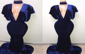 Королевская синяя бархатная русалка выпускная платья с длинными глубокими поэтами поэт -рукава сексуальные формальные платья для вечеринки вечернее платье 6248802
