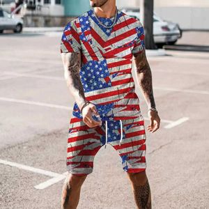 Herrspårar Summer Mens T-shirts Set American Flag Fashion Short Slve+Shorts Set Vintage Outfit Casual Men Tshirt Tracksuit Men Clothing T240507