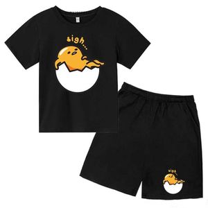 Set di abbigliamento t-shirt per bambini+pantaloncini set gudetama per bambini abbigliamento set collo rotondo set di 2-12 anni ragazzi e ragazze cartone animato casual fumetti stampa corta maniche a maniche corta240509