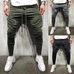 Calças masculinas 2024 Casual Sports Solid Color Zipper decorativo Tight Multi Pocket Slim Fit Perneiras