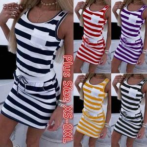 Grundläggande casual klänningar 2022 Summer Womens Sleeveless Casual randig t-shirt Kvinnklänning Sexig tunik midjeklänning Summer Beach Vesido Daily Pullover XW