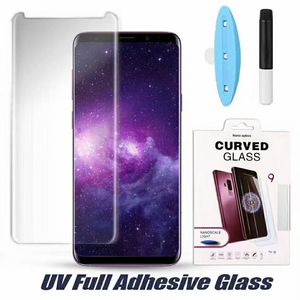 3D gebogener Nano Flüssigschutz Volldecker Kleber Temperiertes Glas mit UV -Licht im Kasten für Samsung S24 Ultra S23 Fe S22 plus S6 S7 Edge S8 S9 S10 S21 Ultra Note 10 20