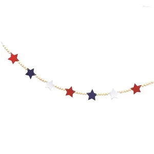 Decorative Flowers Independence Day Garland For Mantle 4.1ft Stars Banner With Wooden Beads 4th Of July Hang Decor Red