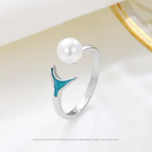 Klusterringar S925 Sterling Silver Pearl Fish Tail Open Ring Liten och unik personlighet Kvinnsmycken