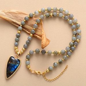 Bohemia Gems Taş Kalp Kolye Kolye Kadınlar Labradorite Boncuklu Kısa Gerili Kolye Boho Takı Femme Toptan 240428