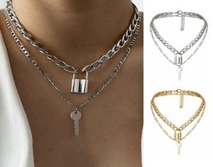 Charm Link Chain Choker Necklace Punk Multilayer Key Long Pendant Necklace For Women Gold Color Collar Jewlery7436388