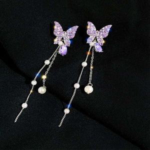 Dangle Chandelier New Crystal Purple Butterfly Tassel Earrings Womens Fashion Temperament Long Stud Earrings Wedding Jewelry Birthday Gifts