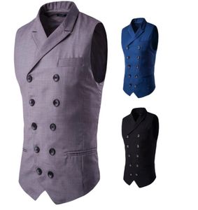 Men sem mangas homens de peito duplo Turn Down Collar Bolsos Fake Design Design Cor Solid Brief Slim Fit for Man Dress Vest Business FR8395767