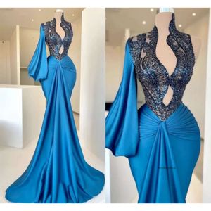 Blue Mermaid Prom Sexy Deep V-deck Długie rękawy wieczorowa suknia druhna formalne sukienki na zamówienie 0509