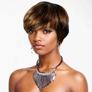 Highlight Short none lace front Wig 100% Human Hair For Women Blonde pixie Hair Wig With Bangs Full Machine wig