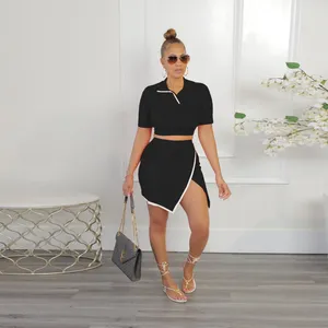 Work Dresses Sweet And Fresh Simple Comfort Casual 2024 Sexy Slim Lapel Side Open Short Sleeve Two-Piece Set Nightclub Skirt