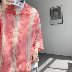 Men's Casual Shirts 2024 Summer Loose Short Sleeve Mens Shirt Fashion Knitted Striped Patchwork Men Turndown Collar Buttoned Tops 8XL