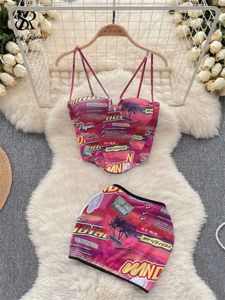 2 피스 드레스 Singreiny American Retro Hotswt Print Suits 여성 스파게티 스트랩 끈이없는 뒷모습+ 스키니 미니 스커트 두 조각 세트 Y240508