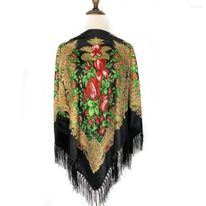 Scarves 130 130cm Women Russian Square Scarf Retro Floral Print Bandana Traditional Ukrainian Fringed Shawl Babushka Head Wraps