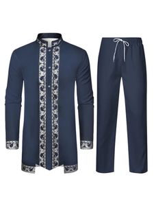 Мусульманская халата традиционная одежда арабских мужских одежды 3D -рисунок Черный белый желтый темно -синие брюки с длинными рукавами 240425