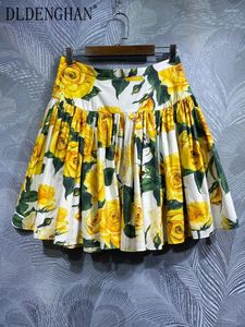 Kjolar dldenghan vår sommar bomull kjol kvinnor gul blommig tryck hög midja strand semester mini modedesigner
