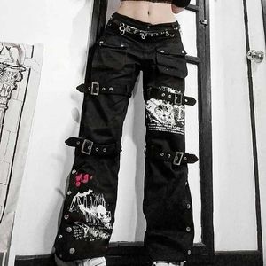 Basic Casual Dresses E-girl Gothic Black Cargo Pants Capri Womens Low Waist Jeans Pants Y2K Grunge Retro Hip Hop Punk Harajuku Street ClothingL2405