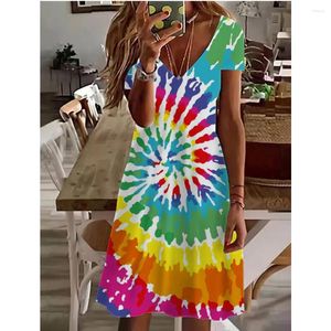 Casual Dresses 2024 Summer Women's Short Sleeved V-neck Mini Dress Basic Colorful Fun 3D Printed Beach Resort