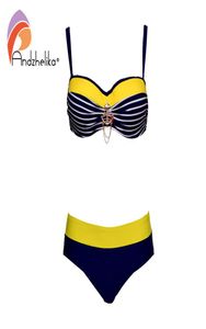 Andzhelika Sexy listrado bandeau plus size biquíni feminino swimsuit metal decoração biquínis de roupas de banho brasileiras fatos de banho 21033387755