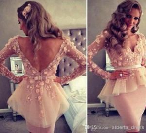 Champagne prom klänningar spets 3d blommor långa ärmar v hals v rygg knä längd elegant kort cocktail party klänning peplum kväll gow5226943